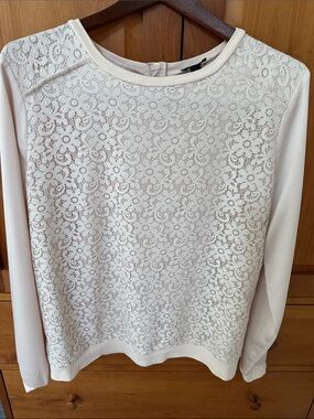 Ann Taylor Women's Cream Lace Front Long Sleeve Top
